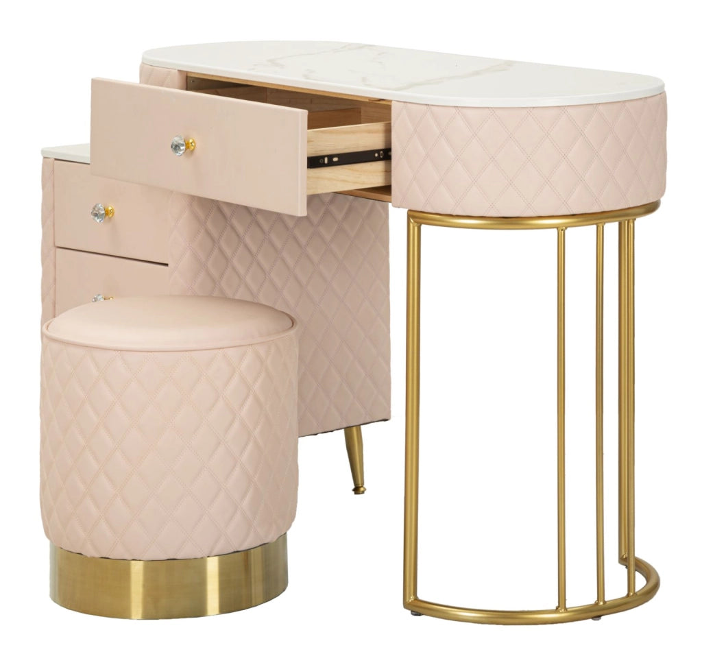 Toeletta Sharon Rosa con Puff 120x40x75 cm in Pino e MDF e Metallo e Plastica