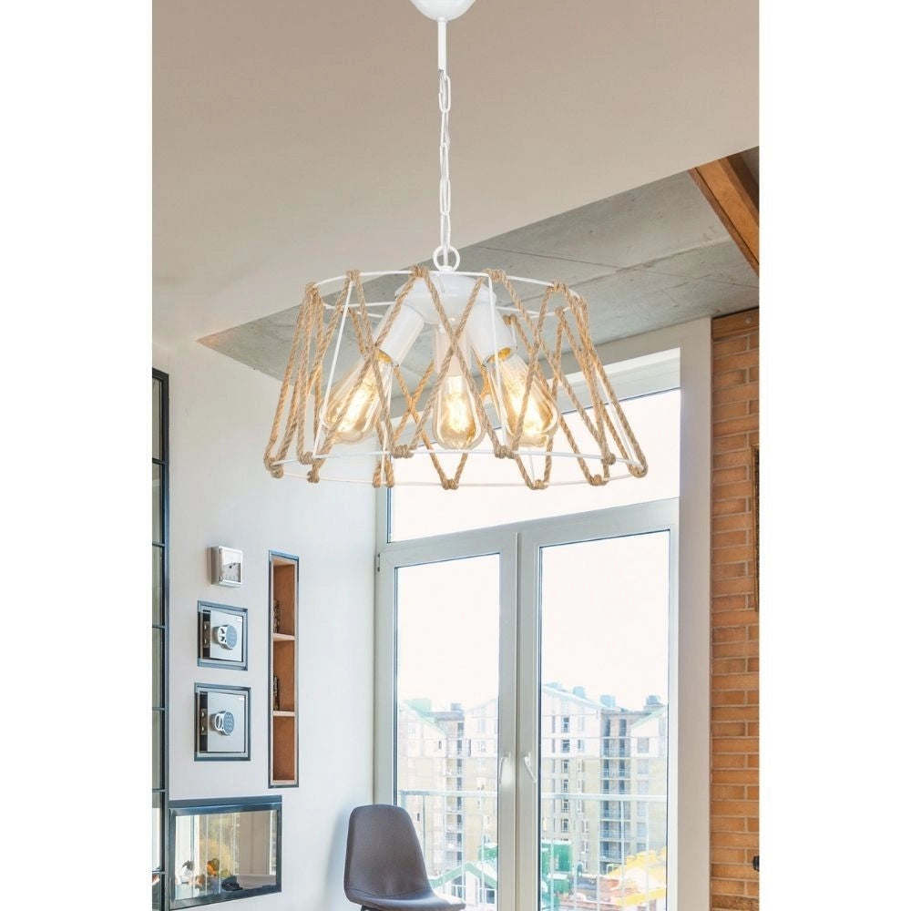 Lampada a sospensione 3 luci metallo e corda Evren ASZ1030 colore bianco