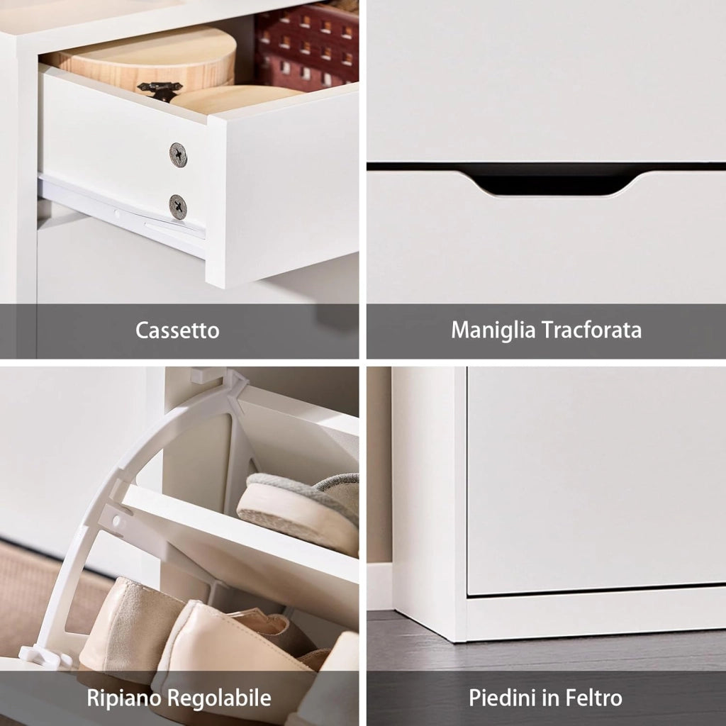 Scarpiera Salvaspazio Slim con Cassetto, Scarpiera Bianca, Moderna e Pratica, Facile da Montare, Ideale per Spazi Ridotti - Bianco, 60x30x90 cm - Modello FSR180-W