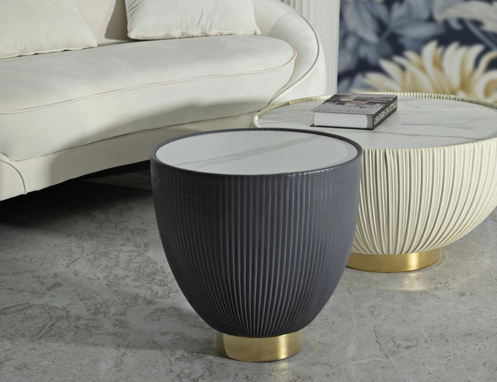 Tavolino da Caffè Elge Ø46x45 cm in Ferro e Ceramica e Poliestere Grigio e Oro e Bianco