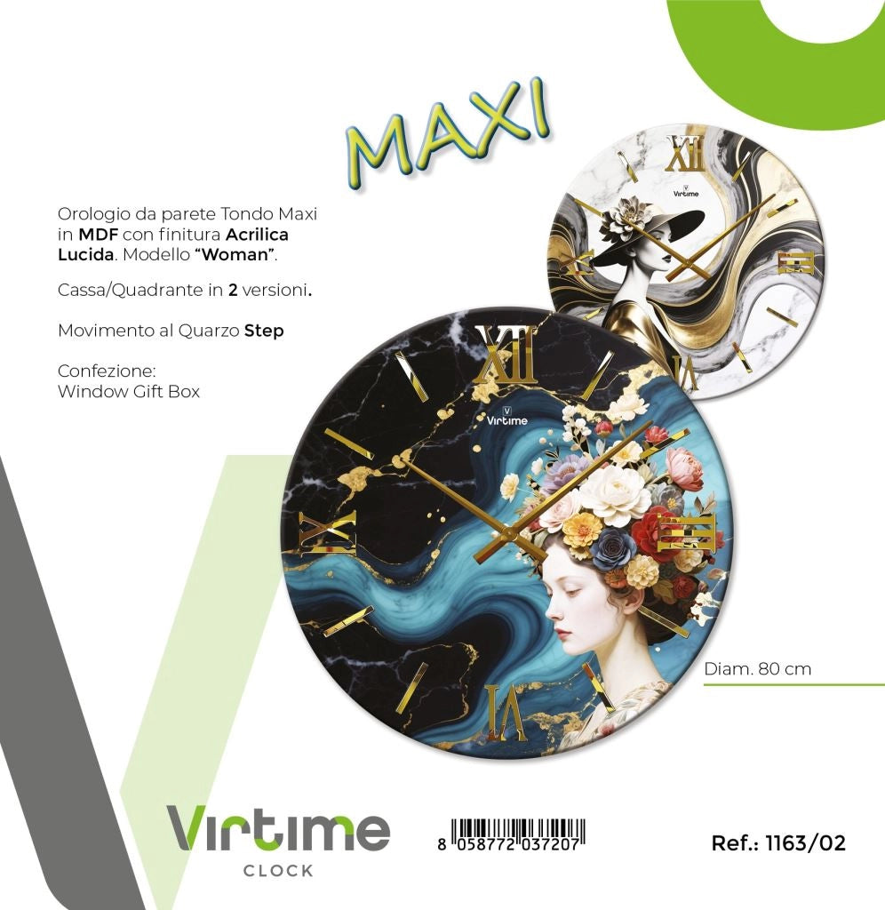 1 Pezzo Orologio da Parete Maxi Woman in Legno MDF Acrylic 80 cm 2 Decori