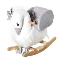 Cavallo a Dondolo per Bambini a Forma di Cigno, Dondolo Giocattolo Cavalcabile per Bambini 18-36 Mesi (Max 40kg), in Legno di Pioppo e Peluche, Bianco e Grigio