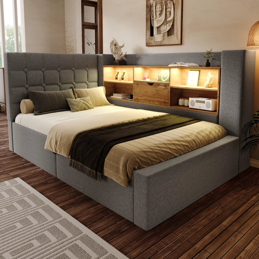 Letto singolo 90x190 cm con LED; contenitore idraulico; testiera a L reversibile; grigio