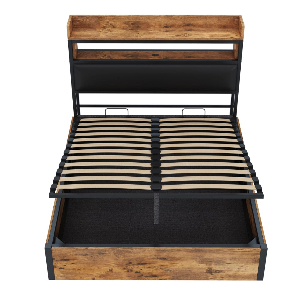 Letto matrimoniale 140x200 cm con contenitore; testiera imbottita con USB; nero