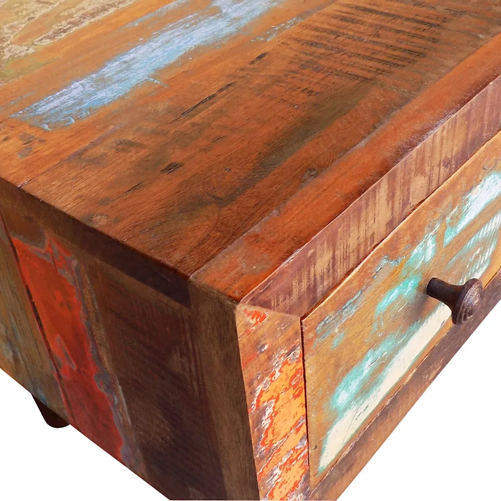Tavolino da CaffÃ¨ con Bordo Curvo 1 Cassetto Legno di Recupero  cod mxl 20730