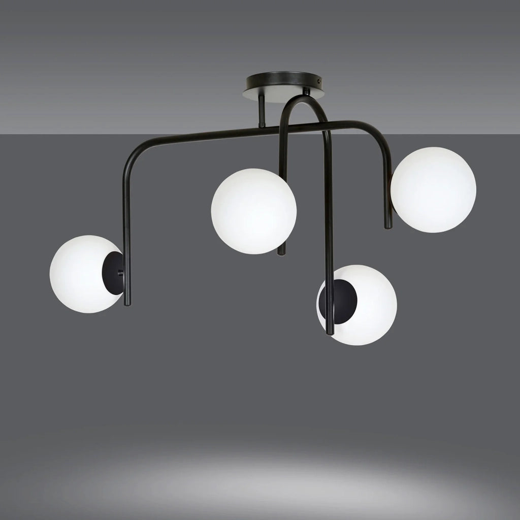 Lampadario 4 Luci Rama In Acciaio Nero A Bracci E Sfere In Vetro Opalino