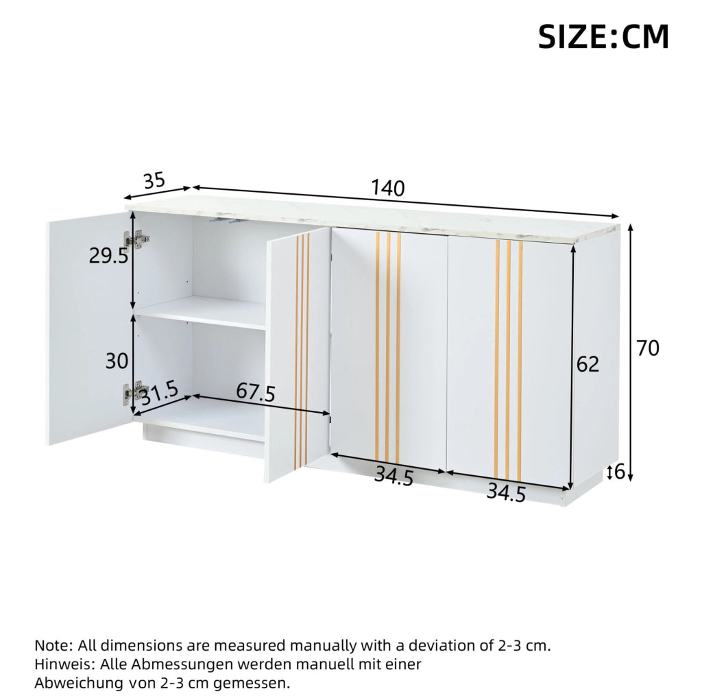 Credenza 35x140x70 cm con 4 ante e ampio spazio contenitivo in truciolato bianco e oro