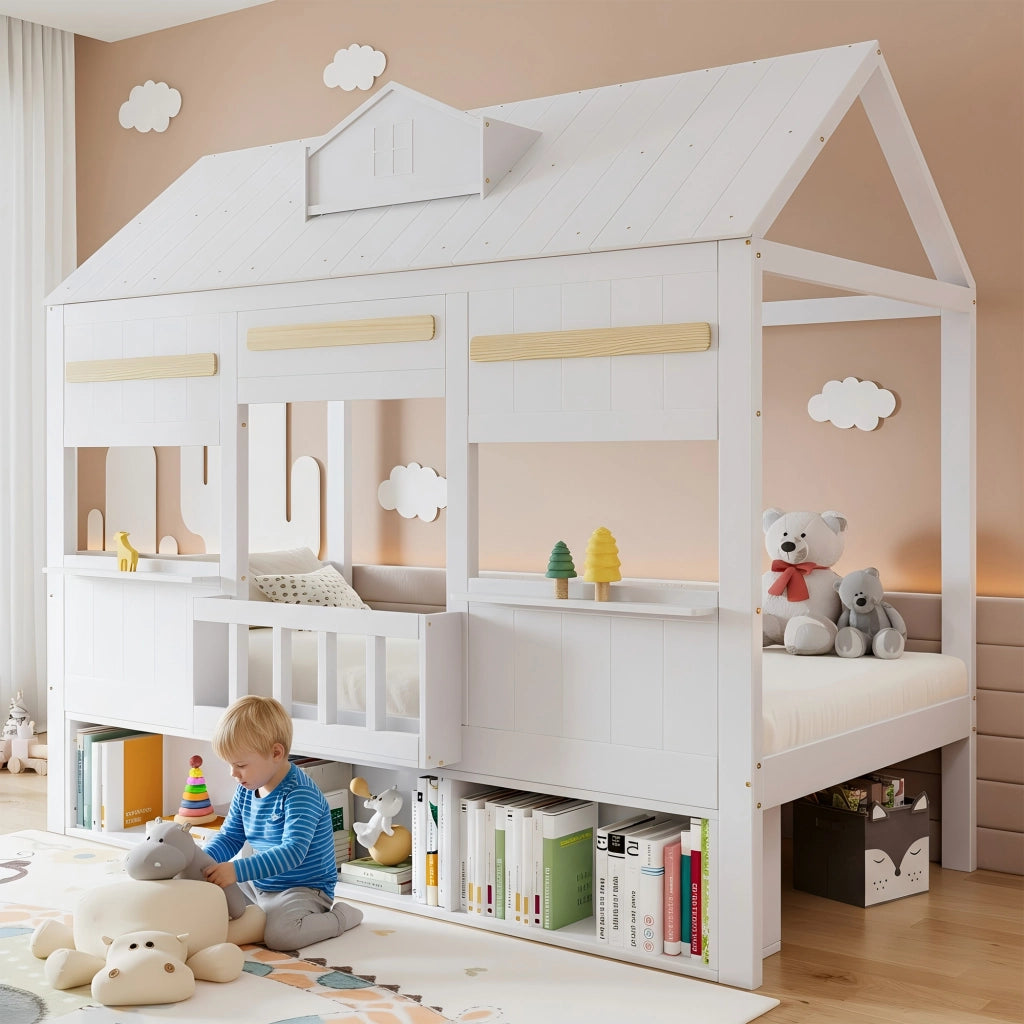 DESMIU Lit mezzanine enfant 90 × 200 cm con libreria, sans matelas, in legno massiccio e MDF, bianco