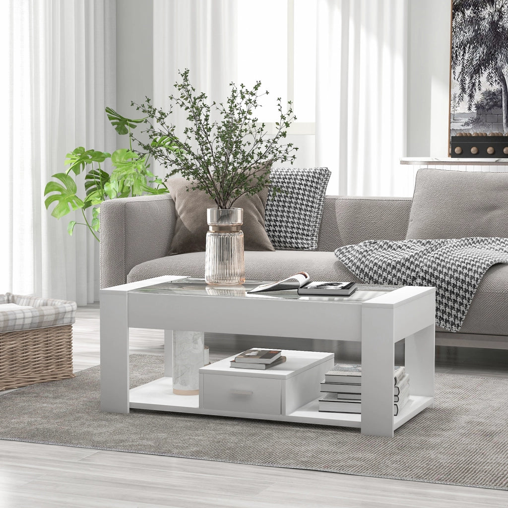 Tavolino da salotto con piano in vetro temperato; 2 cassetti e ampio vano aperto; bianco; 100 Ã— 50 Ã— 40 cm