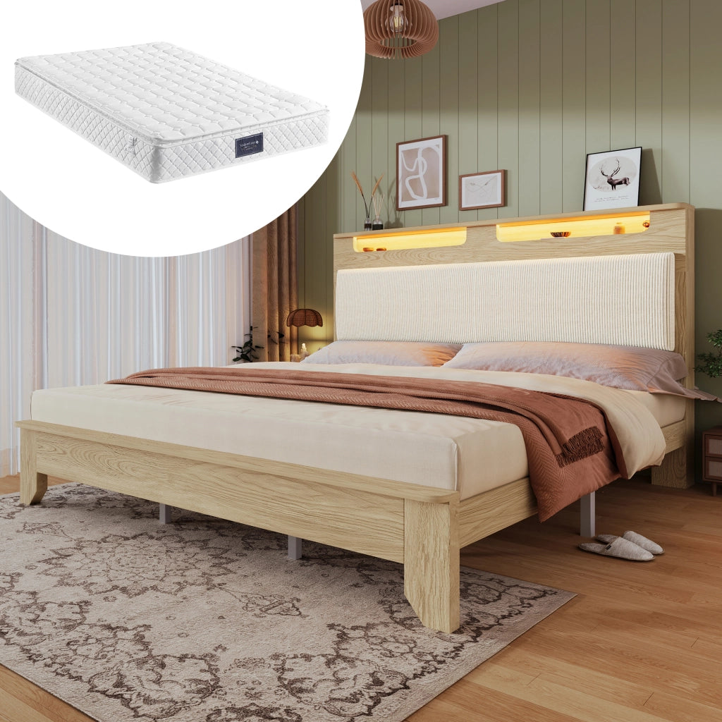 LETTO 160x200 cm con materasso, LED e testiera con ripiani Beige effetto rovere