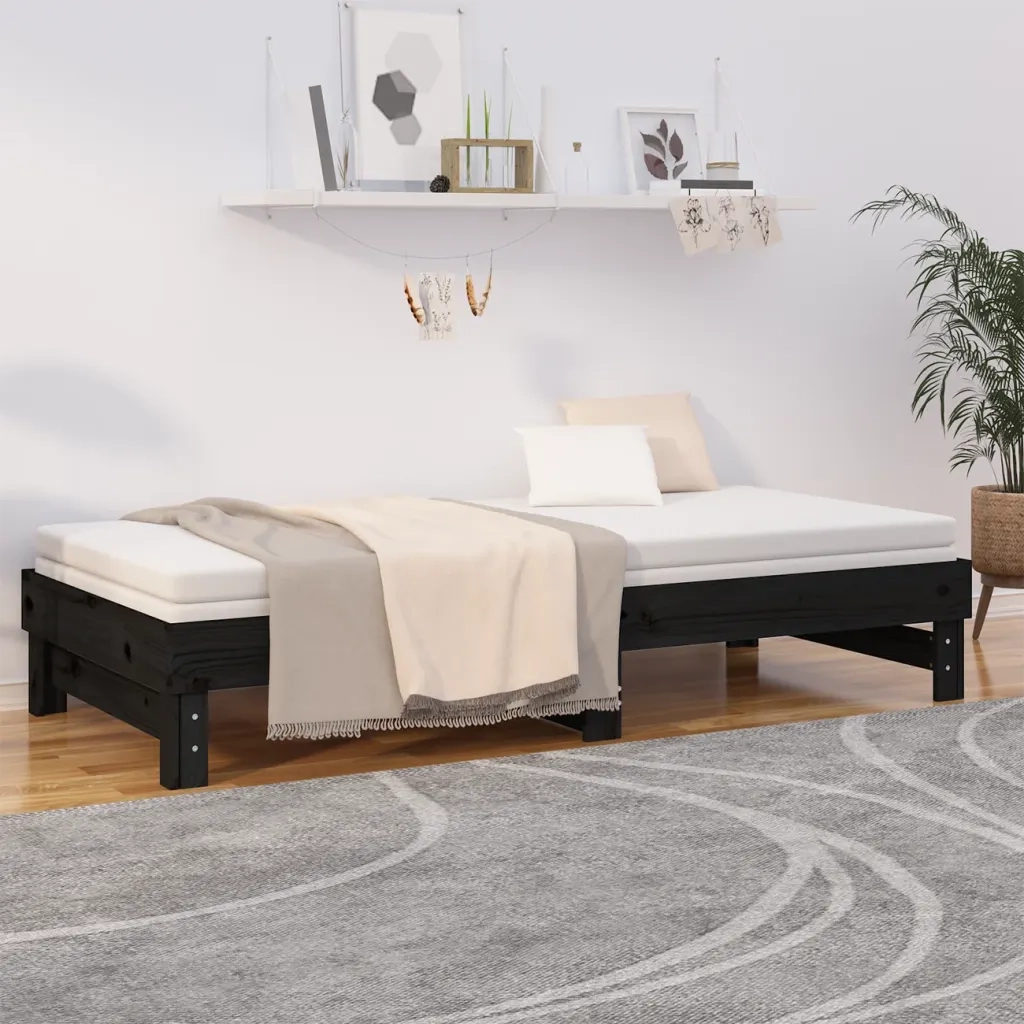 Dormeuse Estraibile Nera 2x(90x200) cm Legno Massello di Pino 823383