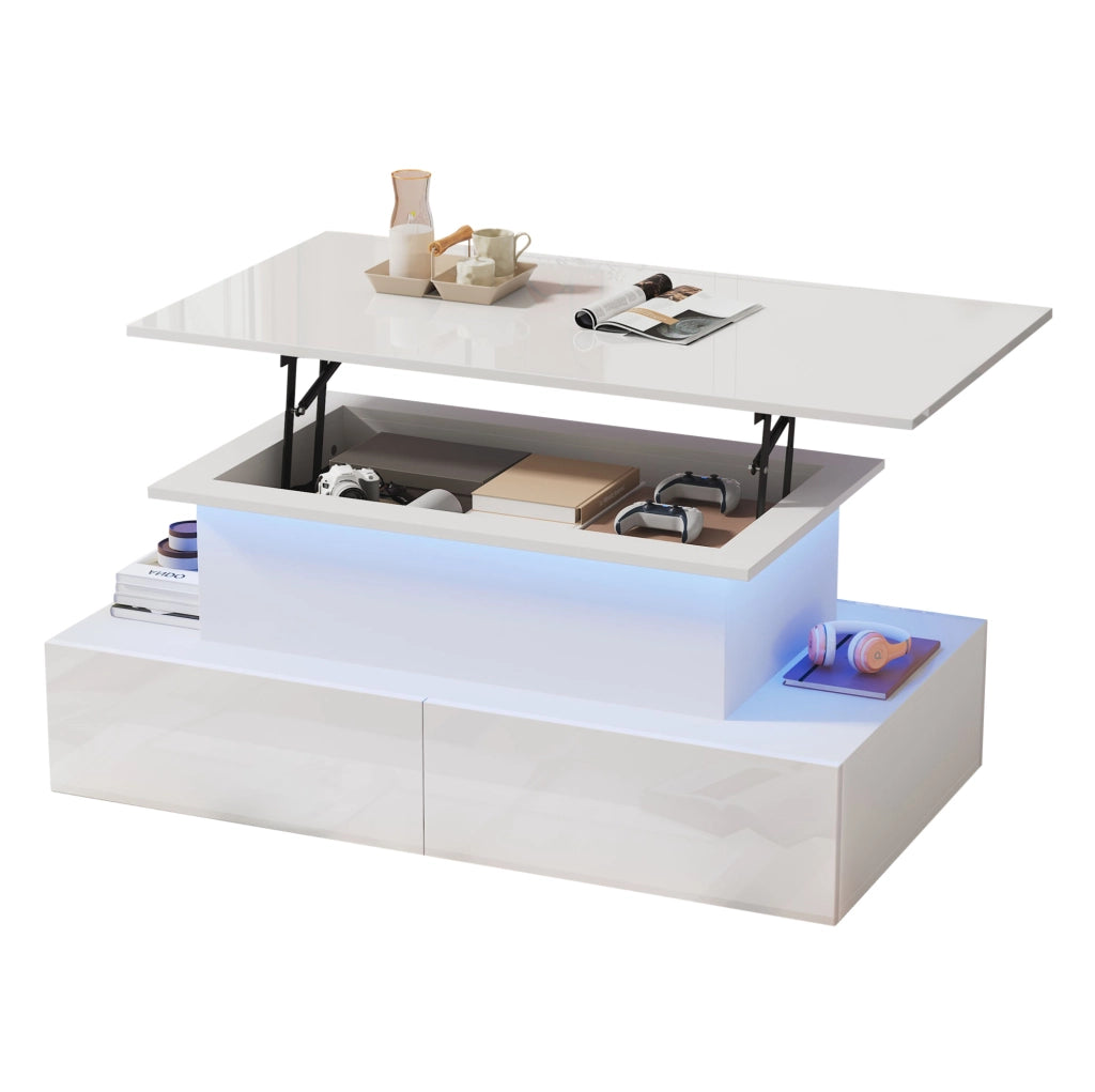 Tavolino da caffè 90x55x41 cm; illuminazione LED e 4 cassetti; truciolare bianco