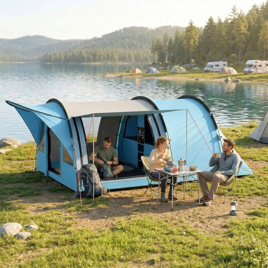 Tenda Campeggio a Tunnel per 2-4 Persone 565x370x200 cm con 2 Stanze Impermeabile 3000mm per Trekking Azzurro