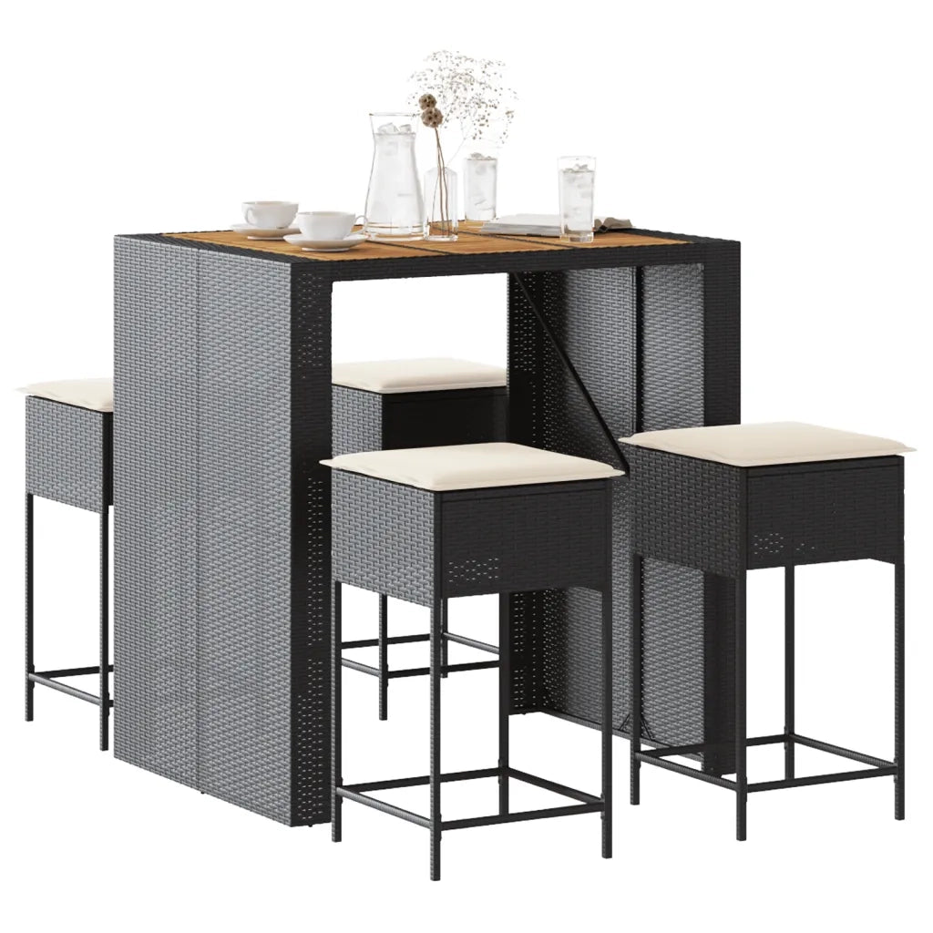 vidaXL Set Bar da Giardino 5 pz con Cuscini in Polyrattan Nero