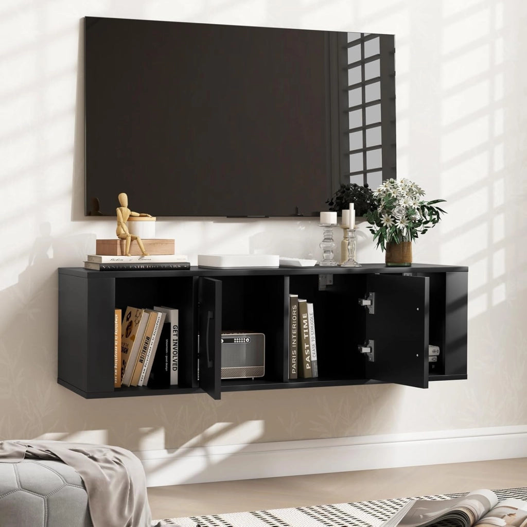 Mobile per TV sospeso con armadio, armadio con ante e ripiani aperti, supporto da parete, armadio da bagno, moderno, per soggiorno, camera da letto, ufficio, 108 x 33 x 30,5 cm (nero)