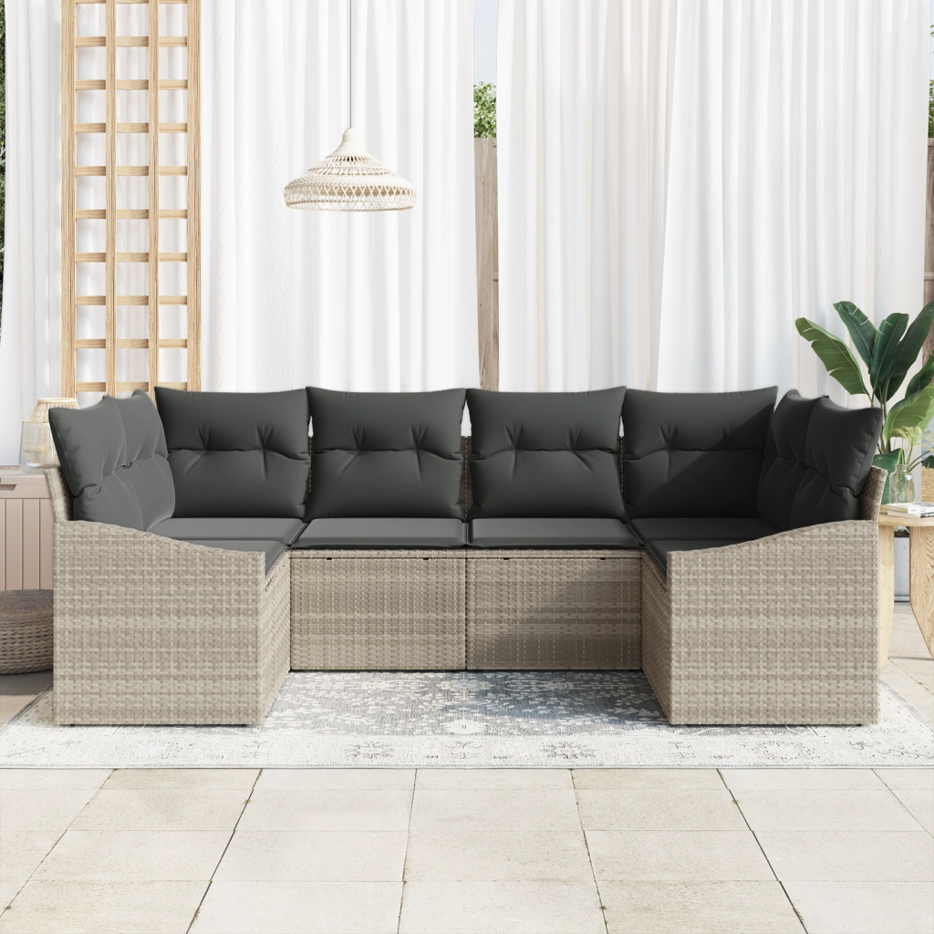 Set di Divani da Giardino 6 Pezzi con Cuscini Grigio Chiaro in Rattan Policarbonato
