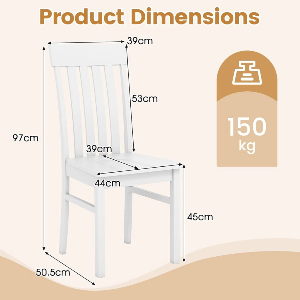 Set di 2 sedie da pranzo, sedie da cucina con schienale alto a doghe e seduta in legno di gomma, portata fino a 150 kg, 44 x 50,5 x 97 cm, per ristorante, caffetteria (bianco)