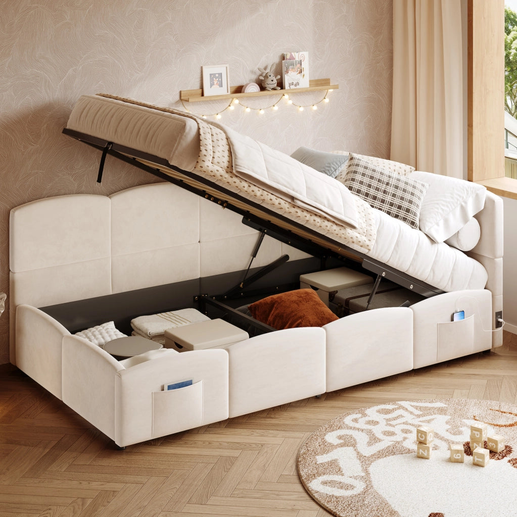 Divano letto con contenitore idraulico 90x200 cm in velluto beige; con USB-A e USB-C