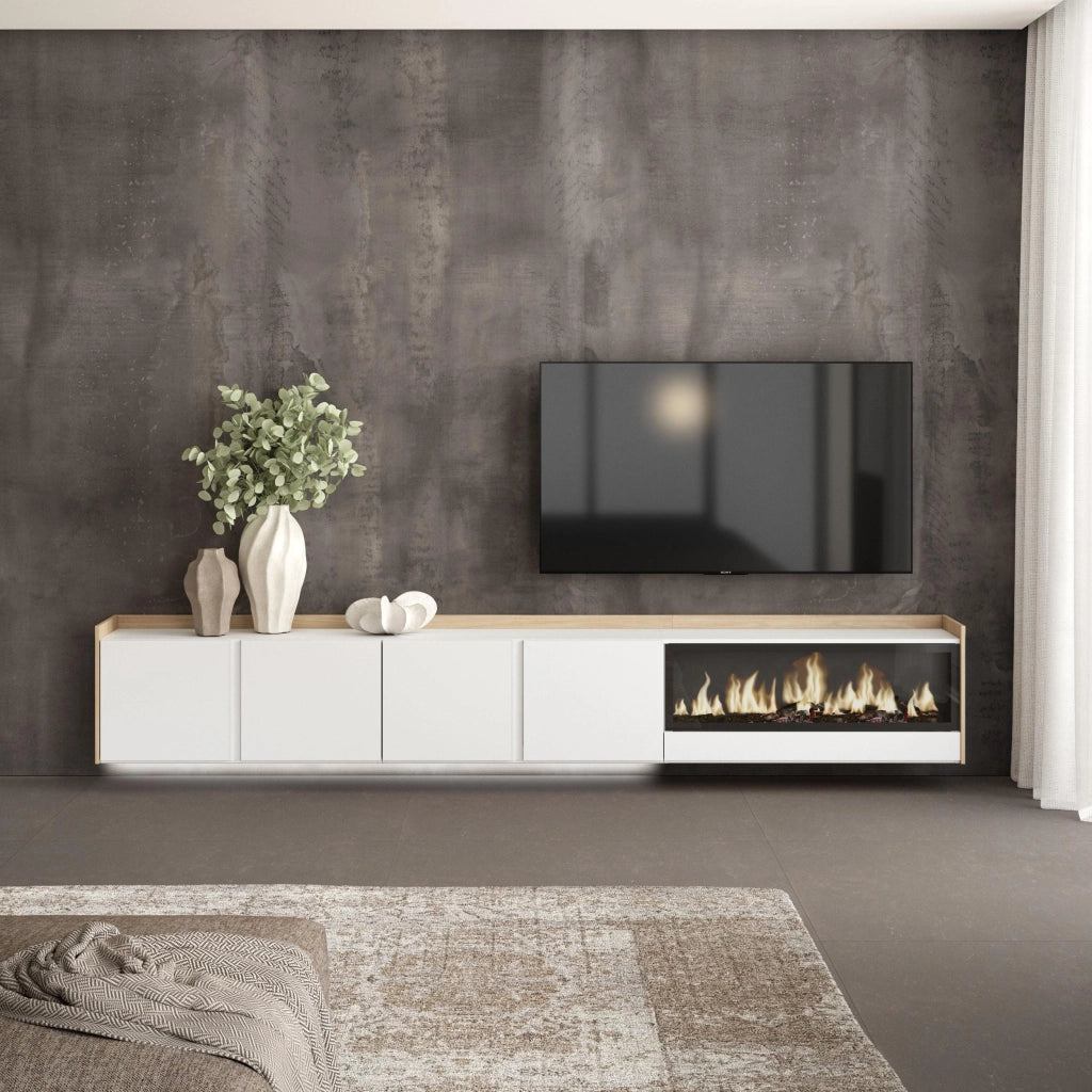 Mobile TV Soggiorno, 315x50x35 cm, Per TV fino a 80", Camino elettrico XXL, Sospeso, da appendere, LED, Bianco e Rovere soft