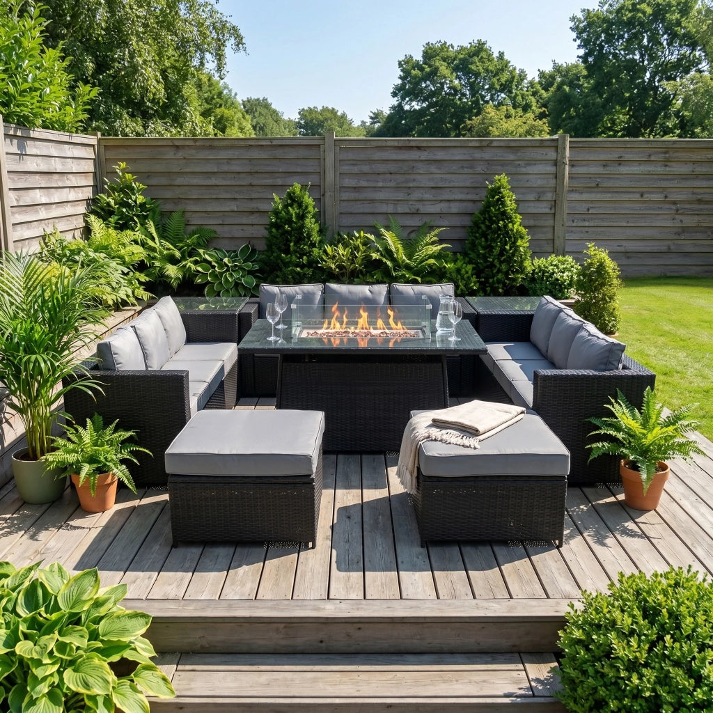 Set Giardino Rattan 11 Posti Nero Divani Sgabelli Tavolo Firepit
