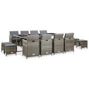 Set da Pranzo da Giardino 13pz con Cuscini in Polyrattan Grigio