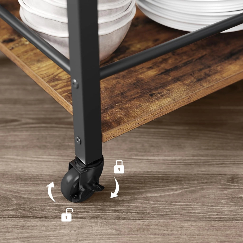 VASAGLE Carrello da Cucina con Vassoio Rimovibile, Carrello Portavivande Fisso o con Ruote, Struttura in Acciaio, Scaffale Cucina 40 x 72 x 86 cm, Marrone Vintage e Nero Inchiostro LRC72X