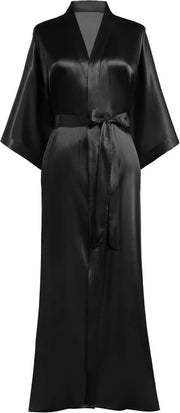 Camicia da camera lunga con cintura per donne, kimono in seta, notturno liscio, leggero, pigiama da letto nero