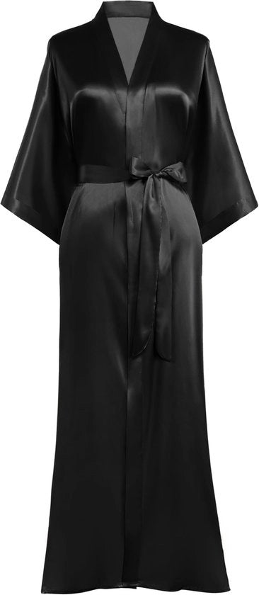 Camicia da camera lunga con cintura per donne, kimono in seta, notturno liscio, leggero, pigiama da letto nero