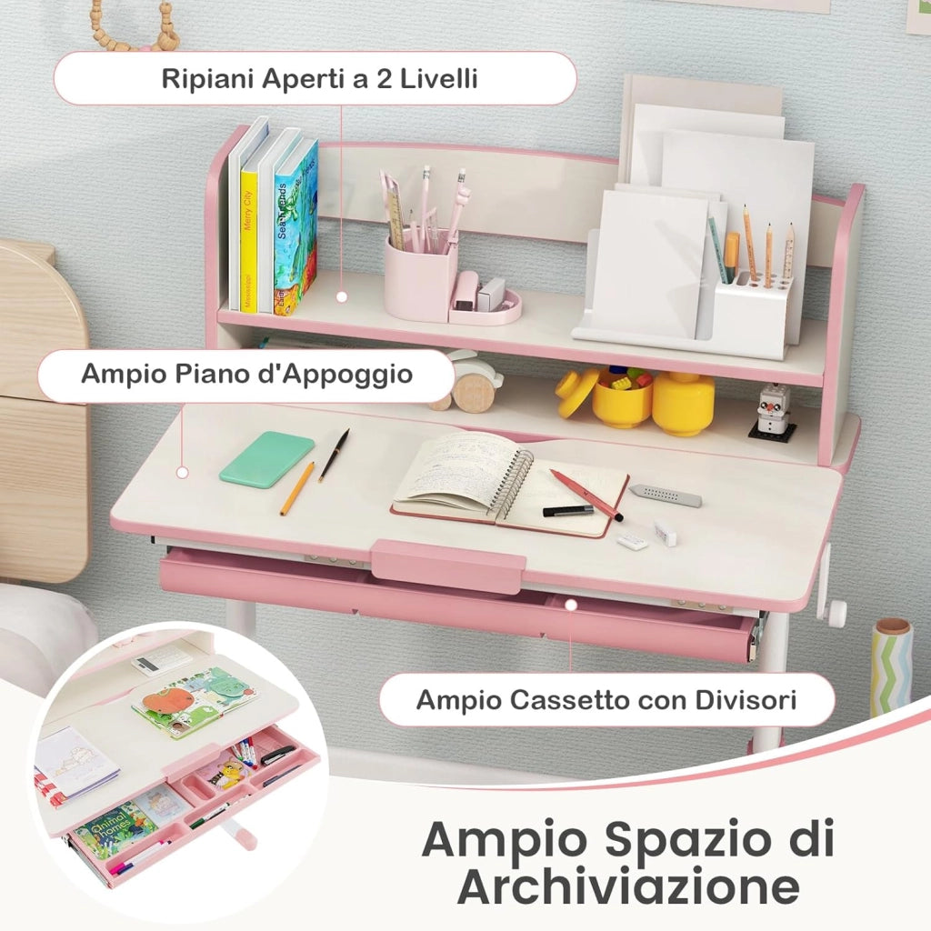 Scrivania per Bambini, Banco Scuola per 3-12 Anni Regolabile in Altezza da 50cm a 73cm con Piano Inclinabile 60°, Scrittoio Cameretta Multifunzionale con Libreria e Cassetto (Rosa)
