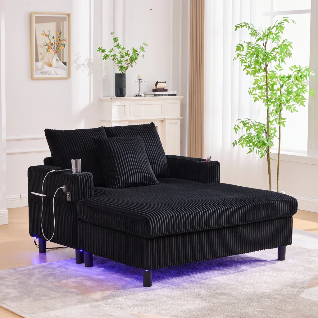 Poltrona Relax con LED; USB e Portabicchieri; Seduta Profonda in Velluto a Coste Nero; 142 x 128 x 85 cm