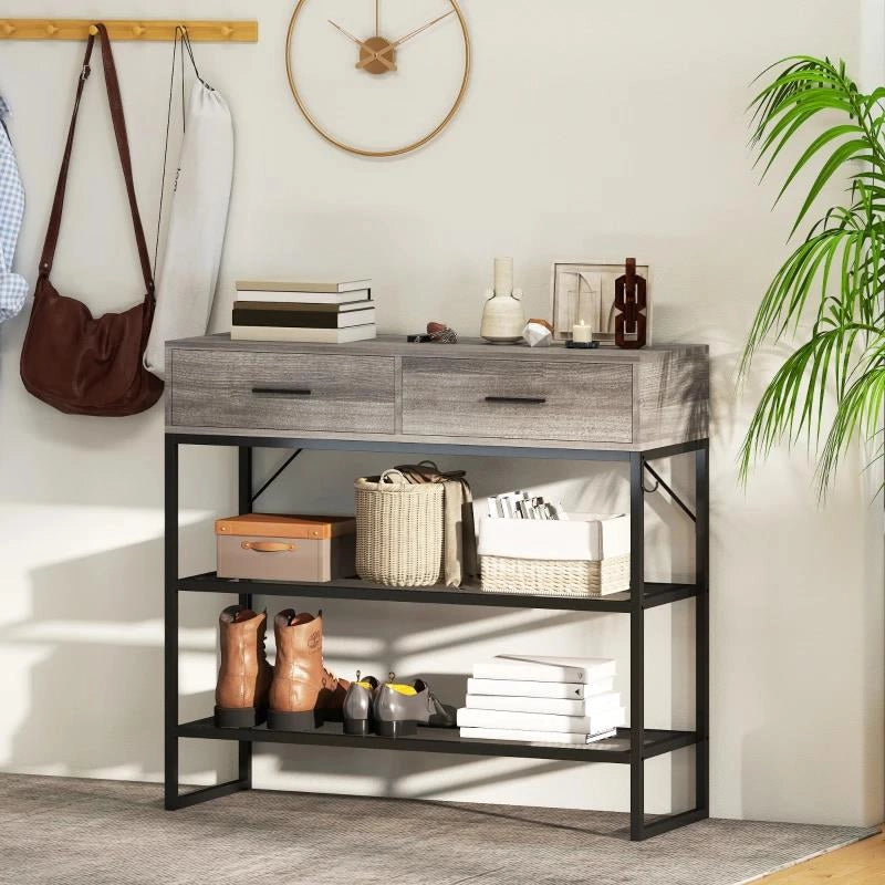 CONSOLLE DA INGRESSO CON 2 CASSETTI, 2 RIPIANI E GANCIO LATERALE, IN LEGNO E METALLO, 100X35X92 CM, NERO E LEGNO