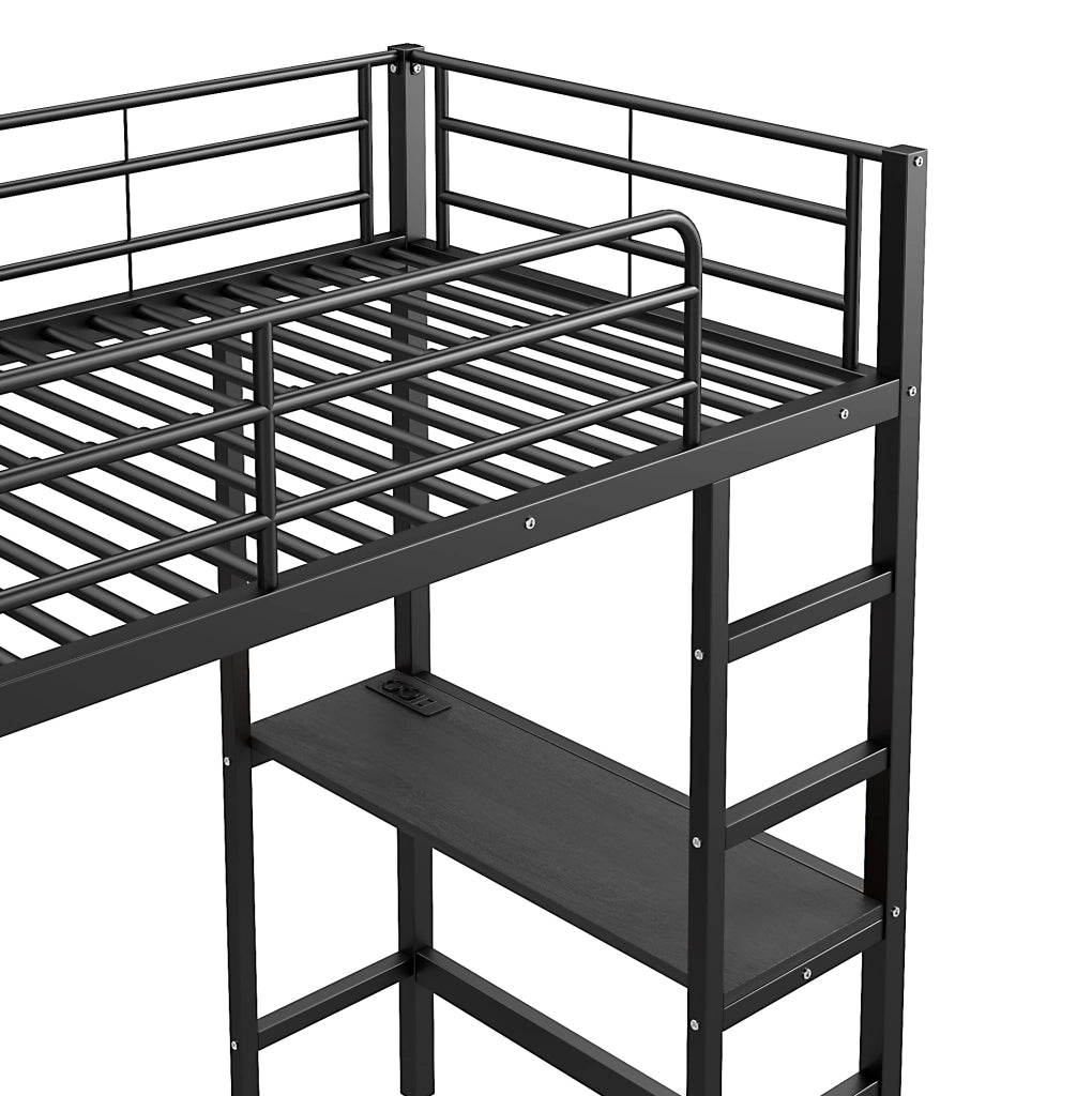 Letto a soppalco 90x200 cm con scrivania, ripiani e prese USB, nero