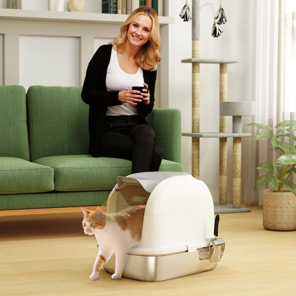 Lettiera per Gatti XL - Xylo - Acciaio Inox, Coperchio Ribaltabile, Entrata Superiore, con Paletta, Bianco