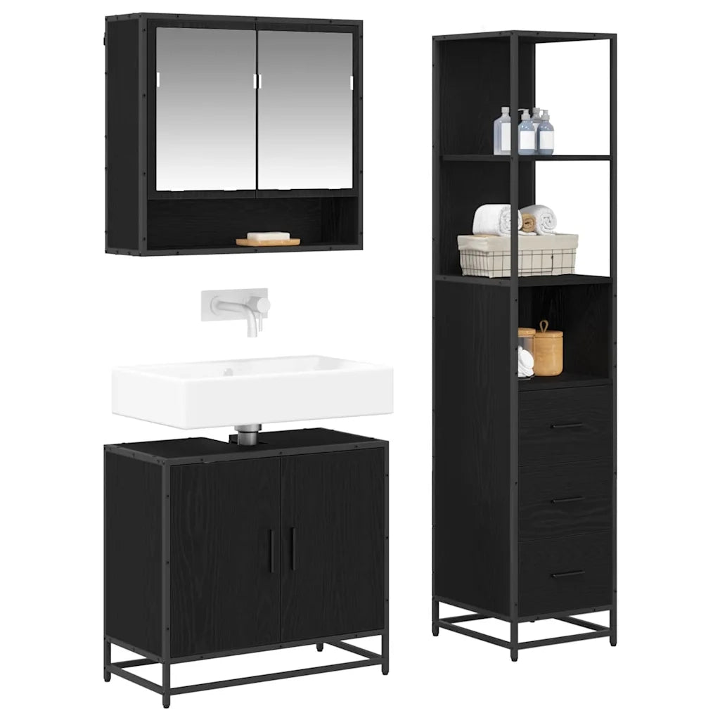 Set di mobili per il bagno 3 pcs Rovere Nero Legno multistrato