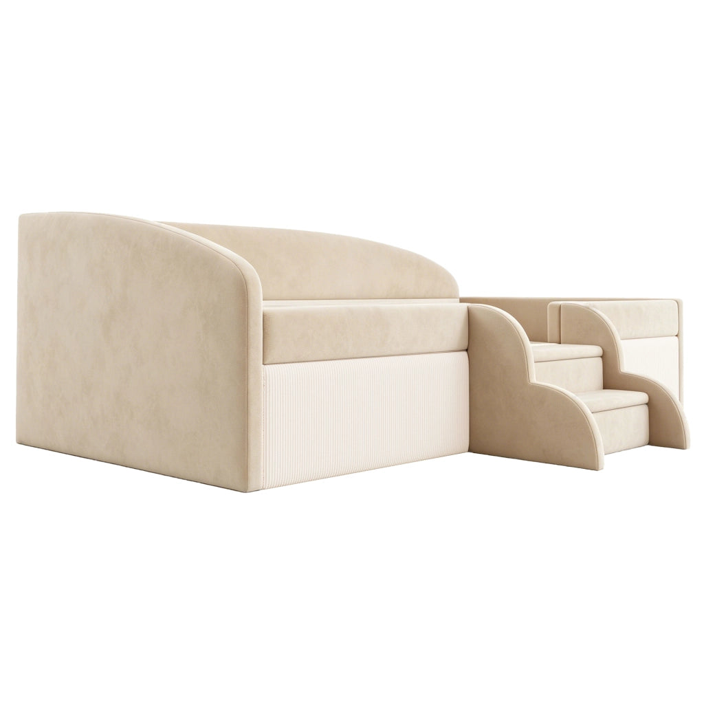 Letto per bambini 90 × 190 cm con scalini antiscivolo, sponde di sicurezza, senza materasso, beige