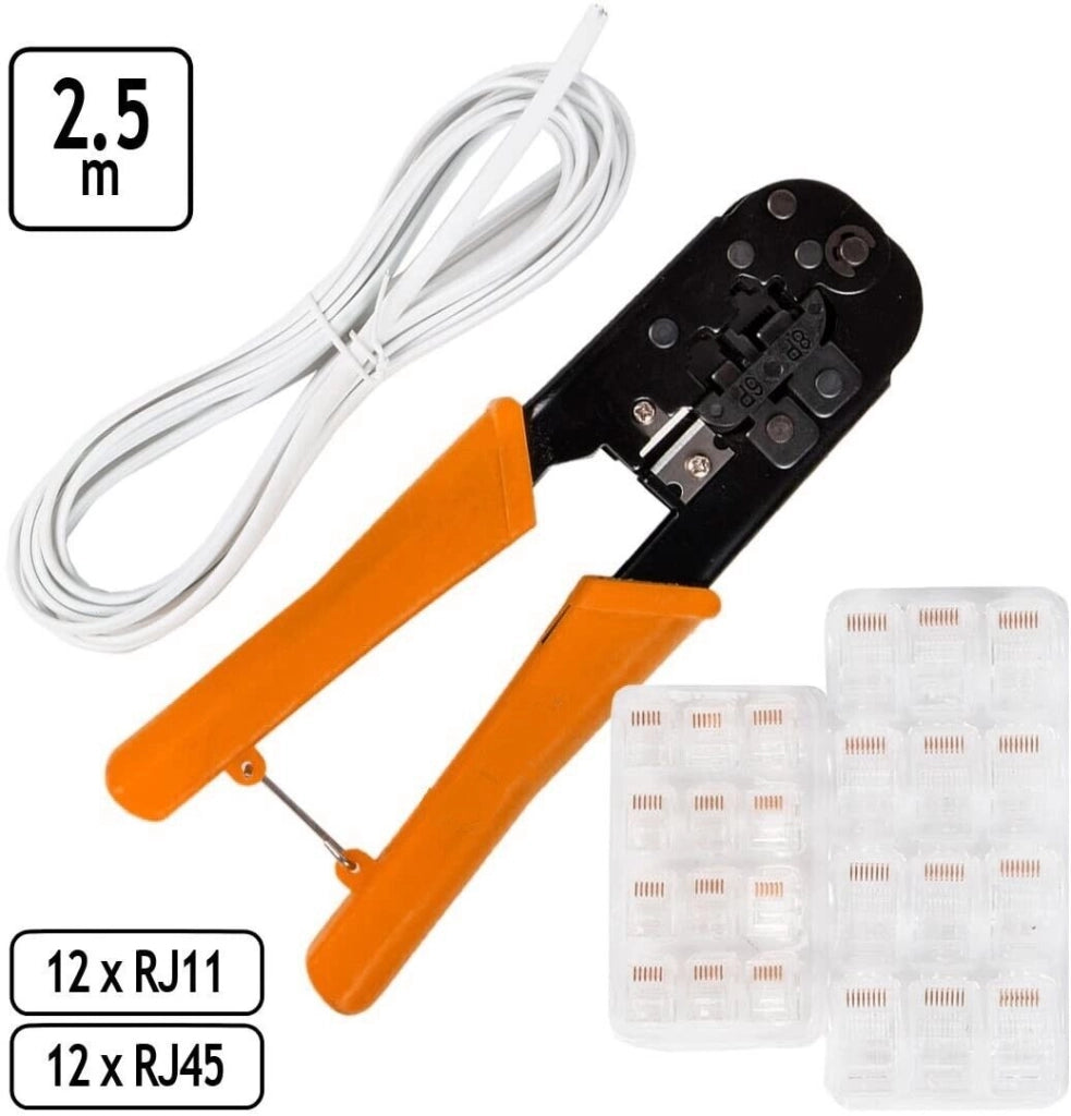 Pinza crimpatrice a cricchetto per plug connettori telefonici RJ11 RJ12 RJ45