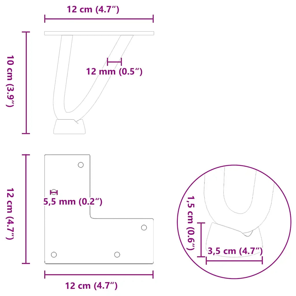 Gambe a forcina per tavolino 4 pz in acciaio naturale 10 cm in acciaio massiccio