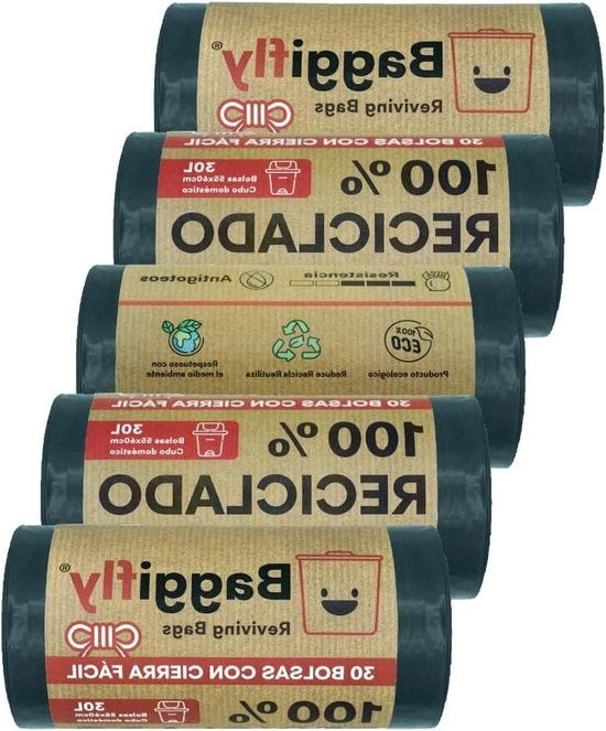 Sacchi di imballaggio 30 litri - 5 rotoli - 100% materiale riciclato - uso domestico - maniglie - chiusura ermetica