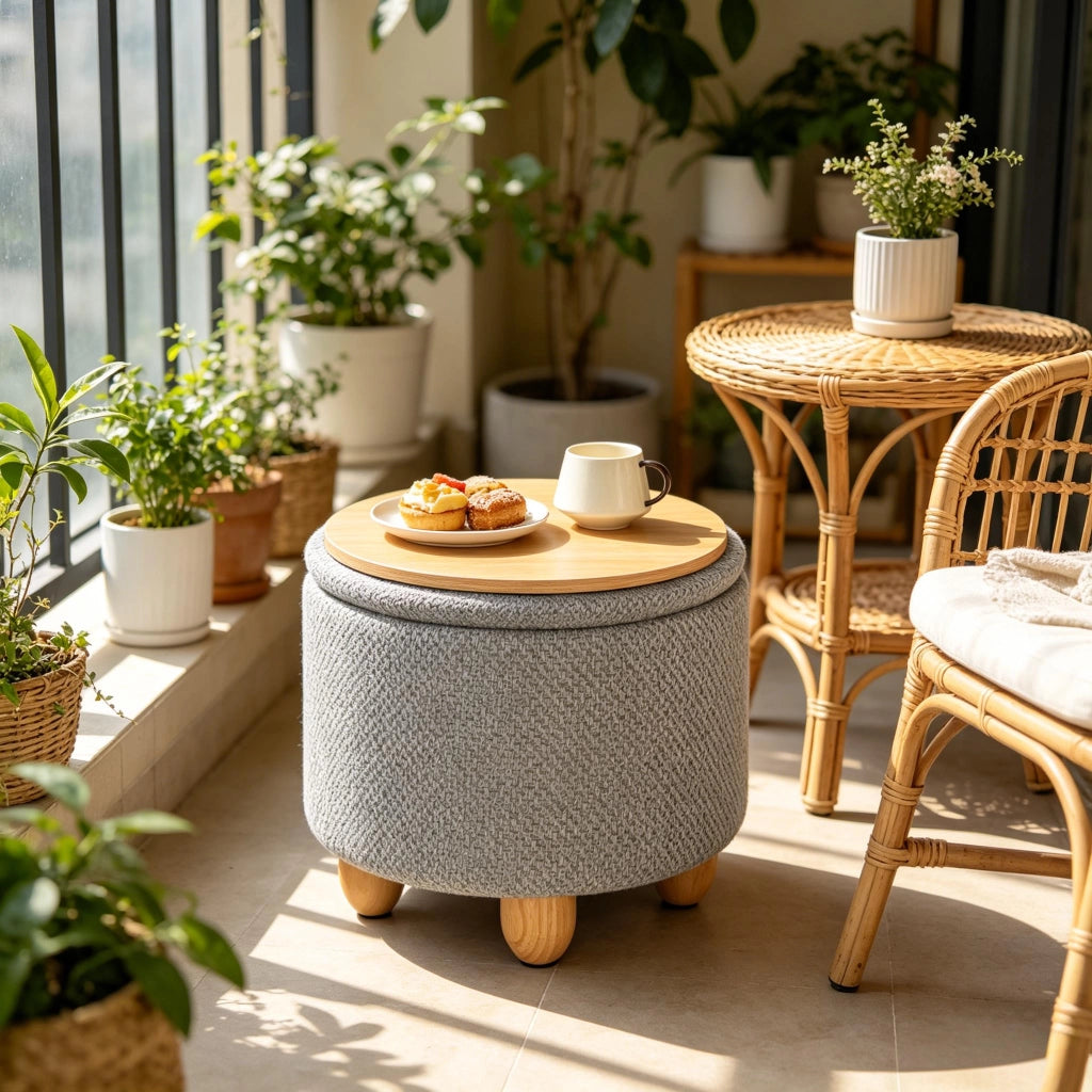 Pouf contenitore rotondo con seduta imbottita e vassoio in legno per soggiorno in lino, MDF e pino grigio chiaro