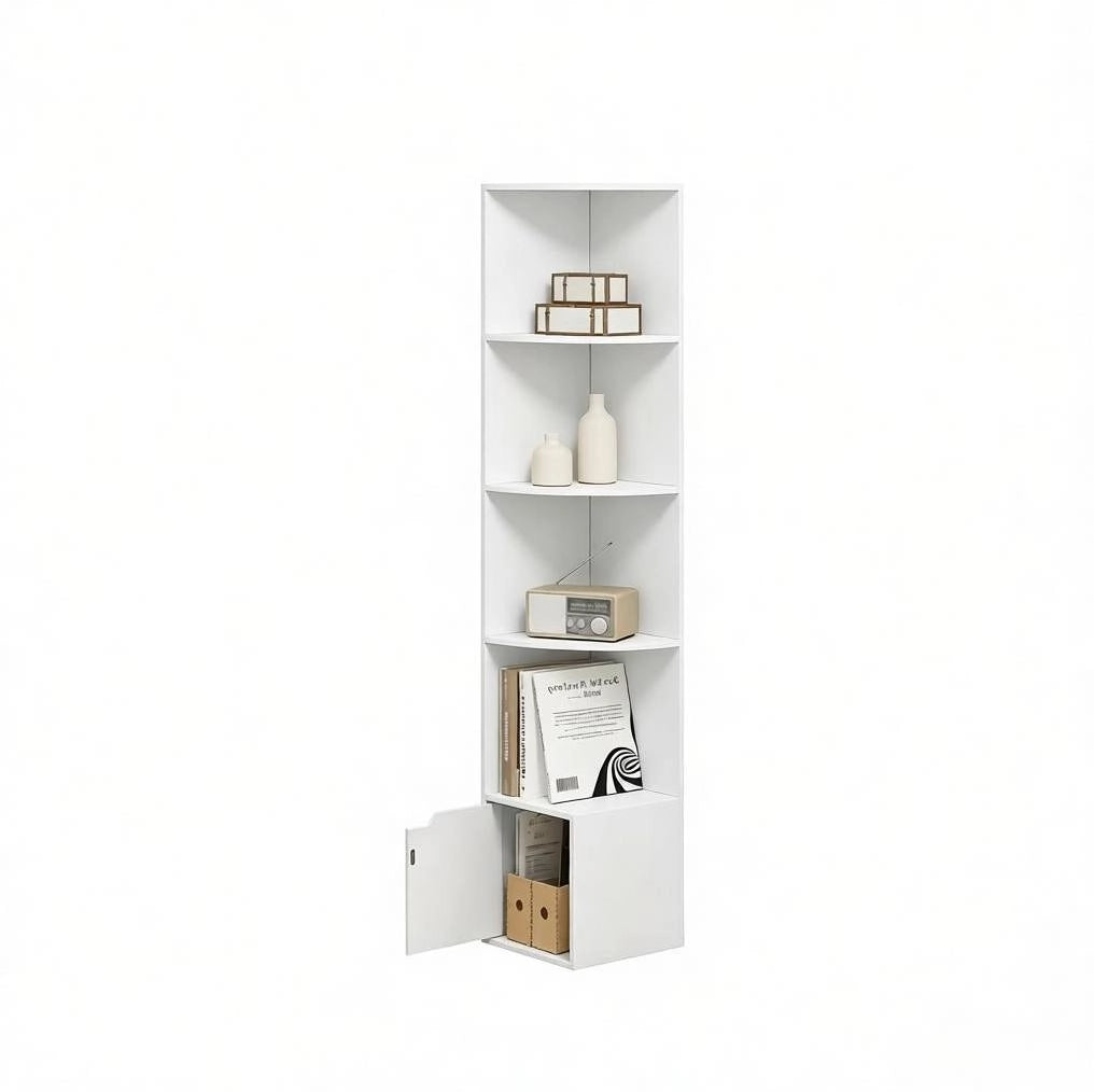 Libreria angolare bianca con 5 ripiani e armadietto, 157,5 cm