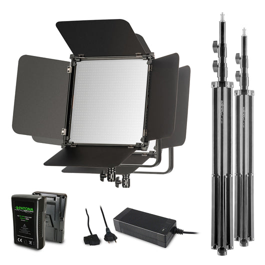 2x LED Niova 100-F Pro 100 W bi-color panel light set con 2x treppiede per lampada e 2x batteria con attacco a V, luce video dimmerabile, luce da studio con luce soffusa