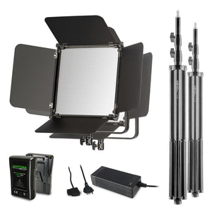 2x LED Niova 100-F Pro 100 W bi-color panel light set con 2x treppiede per lampada e 2x batteria con attacco a V, luce video dimmerabile, luce da studio con luce soffusa