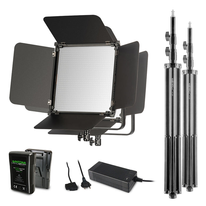 2x LED Niova 100-F Pro 100 W bi-color panel light set con 2x treppiede per lampada e 2x batteria con attacco a V, luce video dimmerabile, luce da studio con luce soffusa