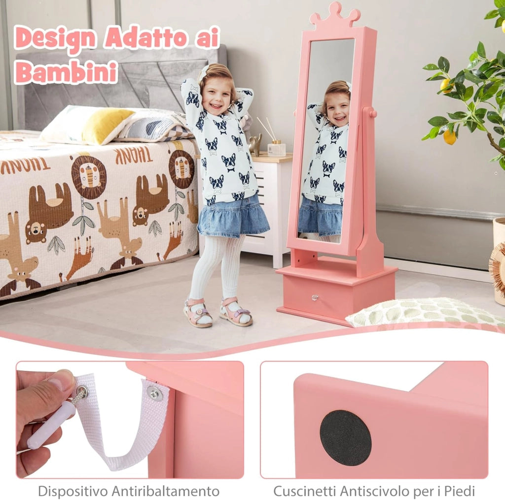Armadio Gioielli per Bambini con Specchio, Armadietto Portagioie da Terra per Bambini con 3 Cassetti, per Bambini 3+ Anni, Ideale per Camera da Letto