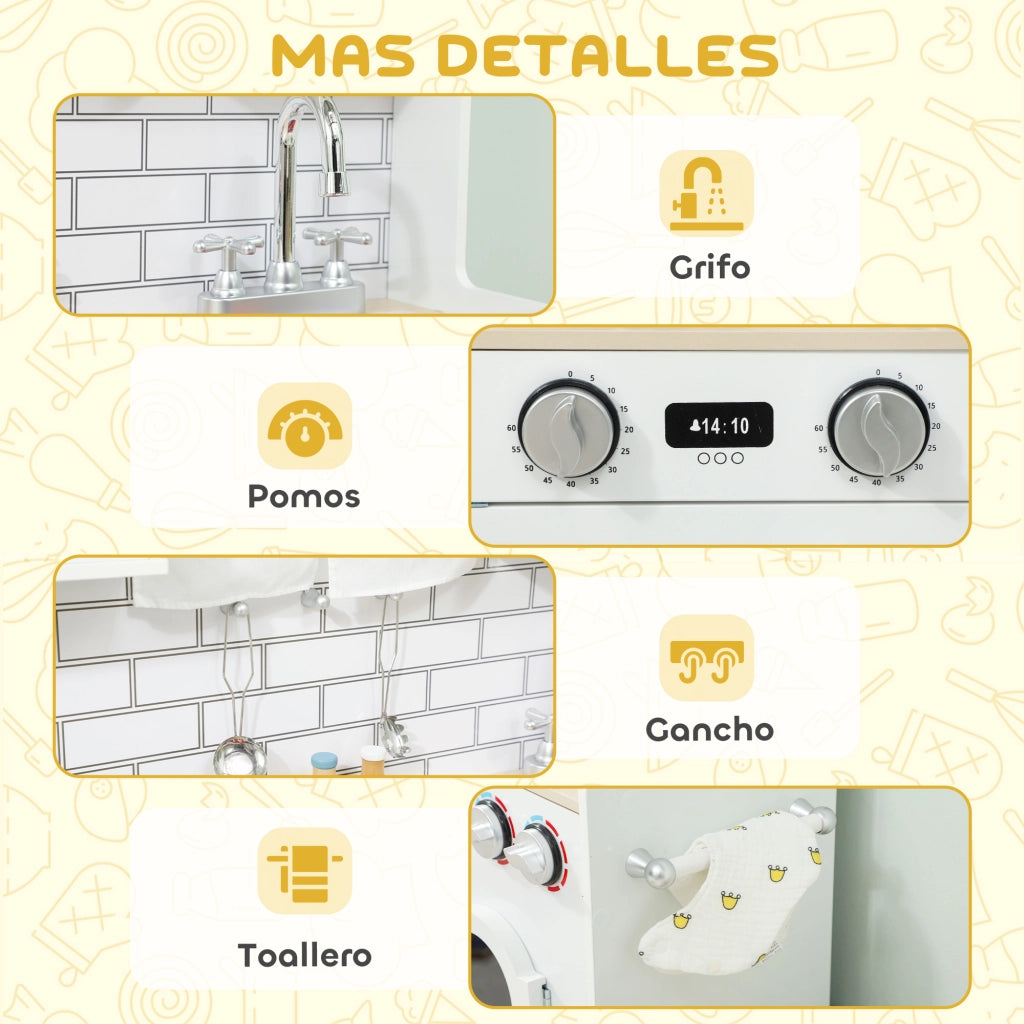 Cucina Giocattolo in Legno con Suoni e Accessori ¨C Minimal ¨C Acciaio Inox Bianco