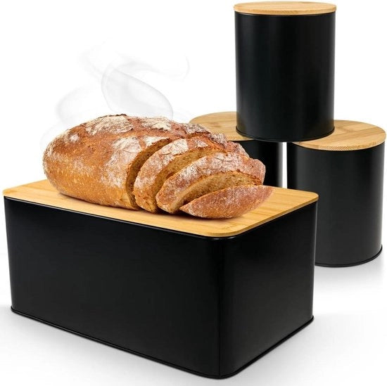 Cassa per pane Cucina cassa per pane con coperchio in bambù piano di lavoro integrato contenitori per scorta contenitori per conservazione alimenti 325 x 21 x 15 cm nero
