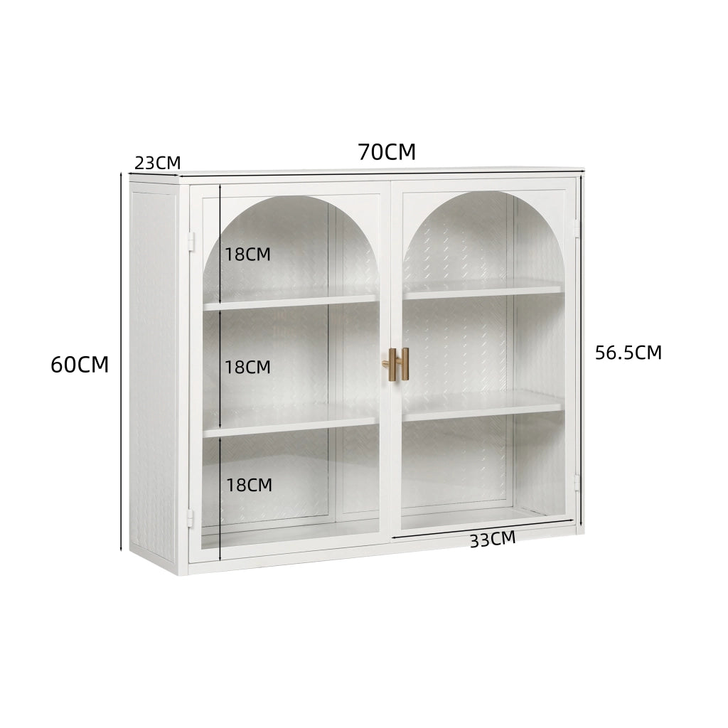 Pensile con 2 Ante in Vetro e 3 Livelli; Ripiano Rimovibile; Motivo Intrecciato; in Metallo; 70×23×60 cm; Bianco