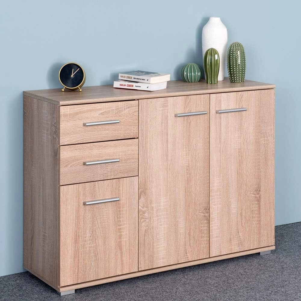 Cassettiera Alba 3 Ante con Ripiani 2 Cassetti 107x75x35cm Comò Armadietto Ufficio Mobiletto