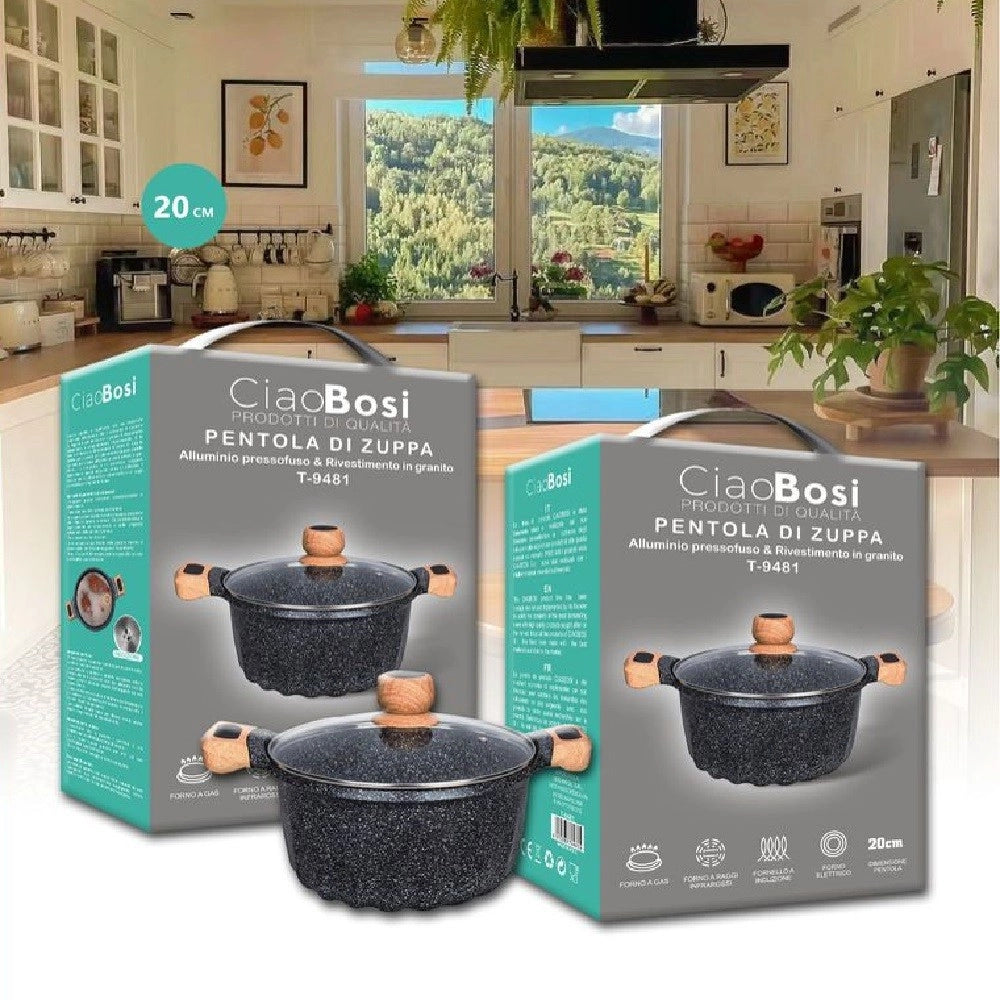 Trade Shop - Pentola Tegame Per Zuppa Rivestito Granito Con Coperchio 20cm Antiaderente T-9481 -