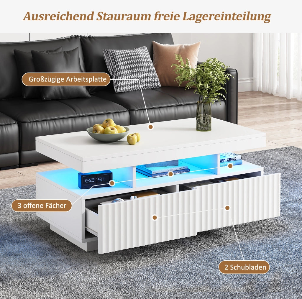 Tavolino da salotto 100 x 50 x 45 cm con 2 cassetti; LED controllato da app; bianco
